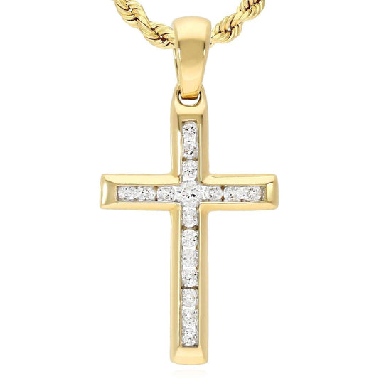 0.12CTW Natural Diamond Real 10K Gold Cross Pendant 0.83" – Classic Polished Style