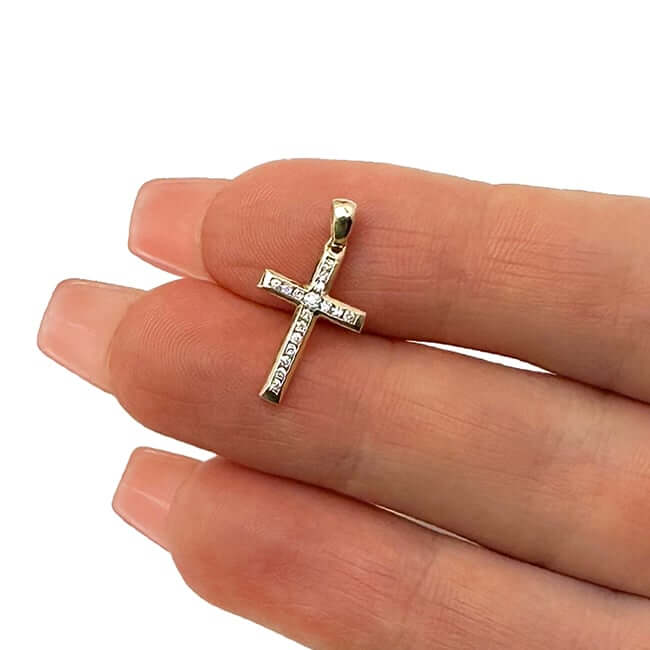 0.12CTW Real Diamond Real 10K Gold Cross Pendant 0.83" – Classic Polished Style