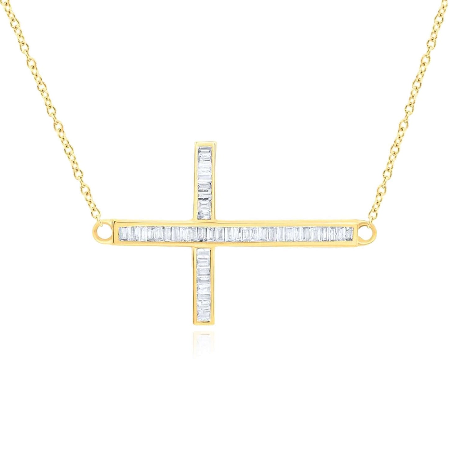 Real 10k Gold 0.25CTW Real Diamond Horizontal Cross Pendant Cable Necklace 18"