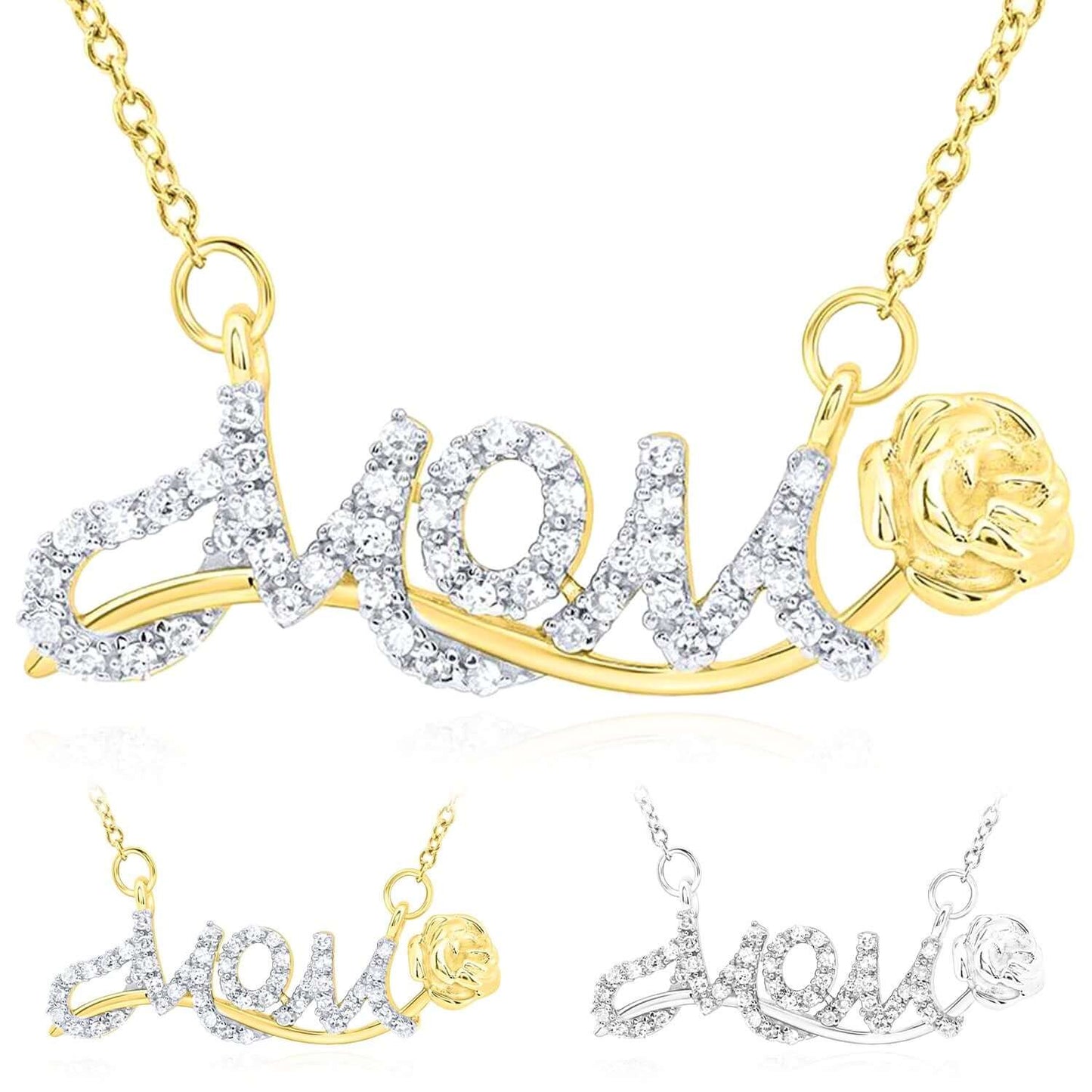 0.12CTW Real Diamond Real 10K Gold MOM Pendant Necklace with Rose Accent – 18"