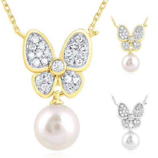 0.12CTW Natural Diamond 10K Yellow White Gold Butterfly Pearl Necklace (Solid Links) 18"