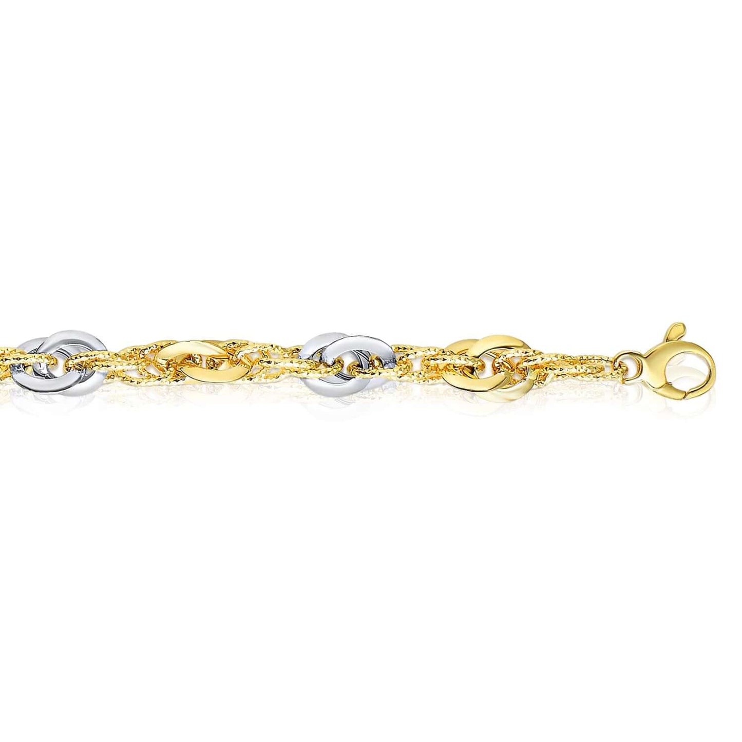 Real 14K Gold Two-Tone Solid 6mm Diamond-Cut Interlocking Bracelet Italian 7.5"
