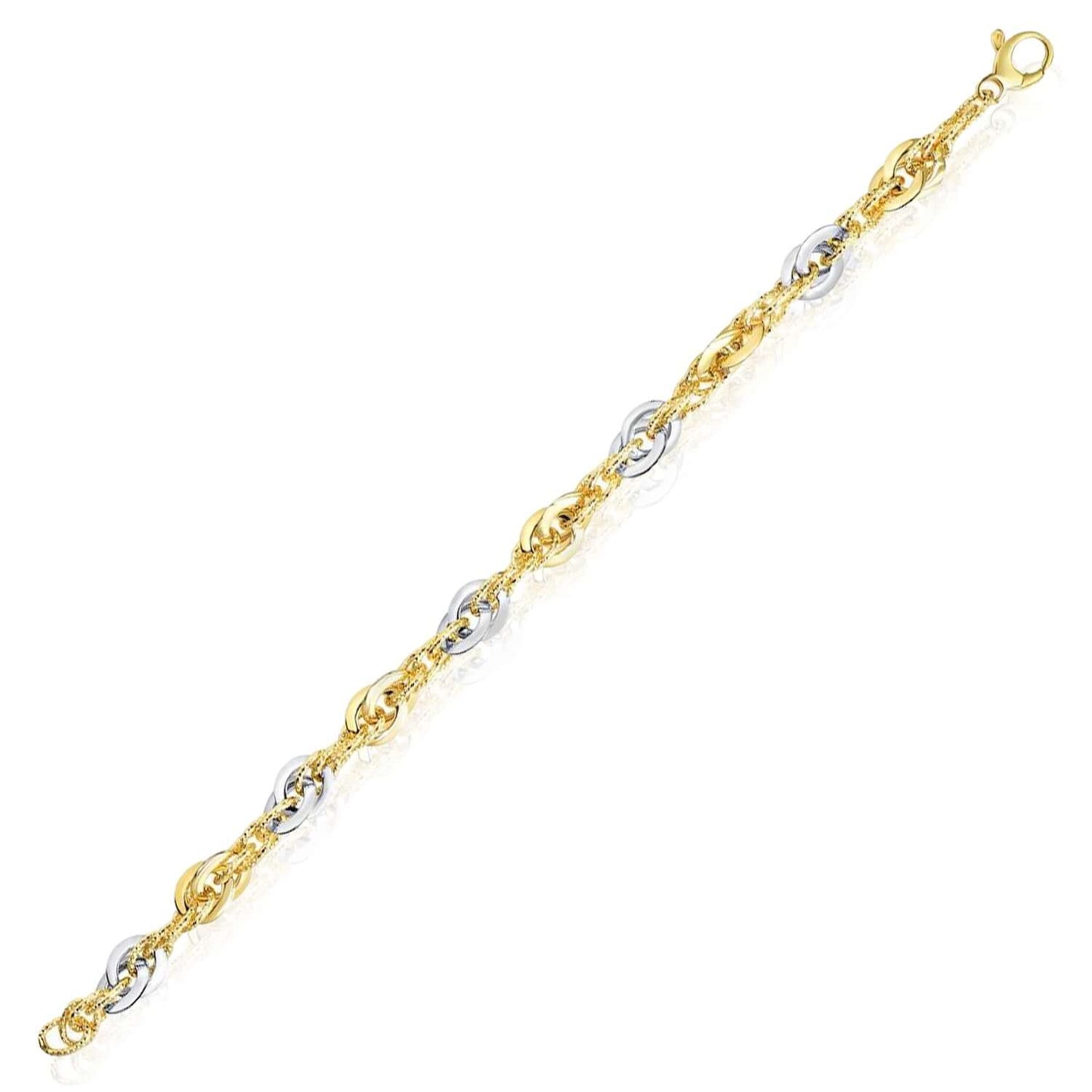 Real 14K Gold Two-Tone Solid 6mm Diamond-Cut Interlocking Bracelet Italian 7.5"