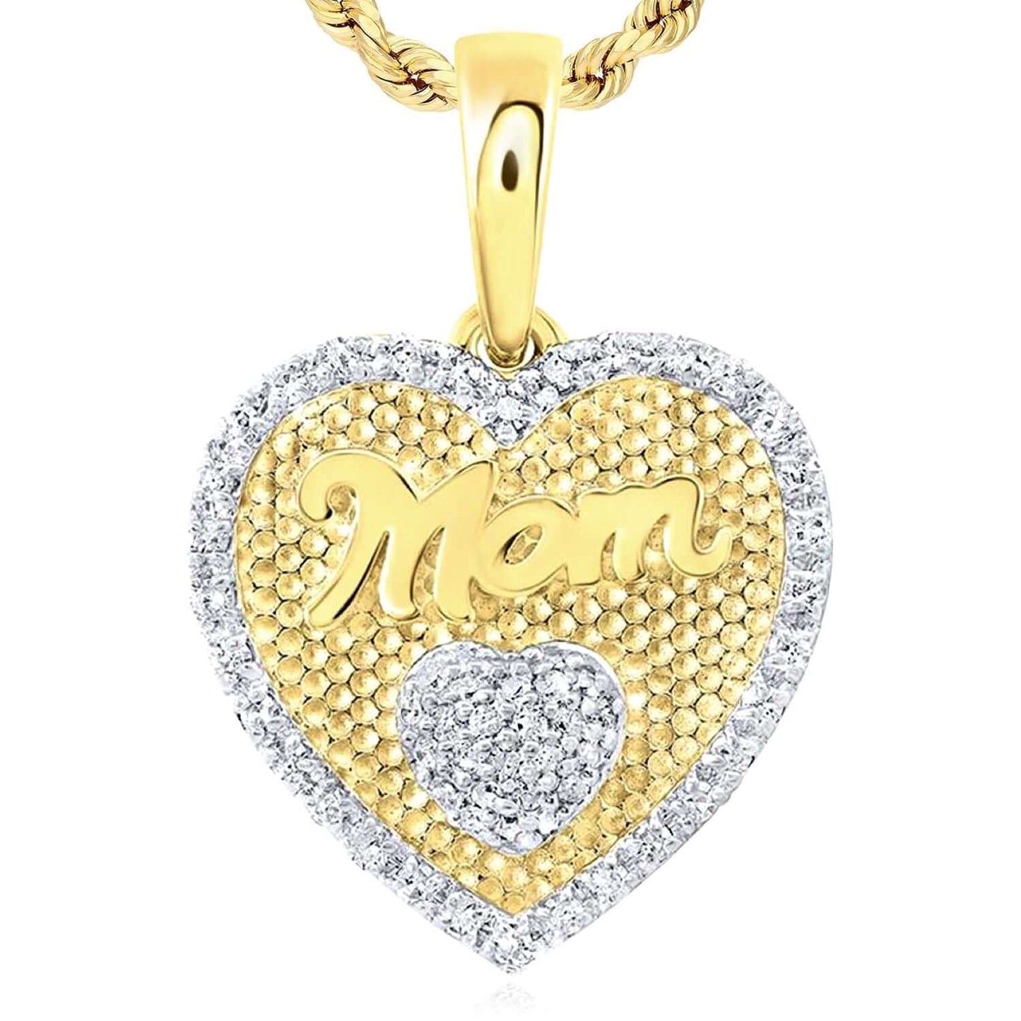 0.20CTW Real Diamond Real 14K Gold Textured "Mom" Heart Pendant 0.8"