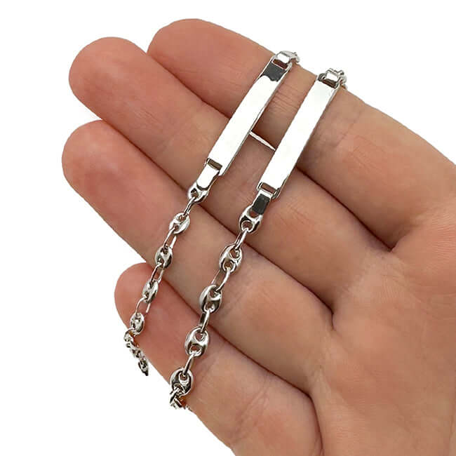 Customizable Real 14K White Gold 4mm, 5mm Puffed Anchor Link Engravable ID Bracelet 6"