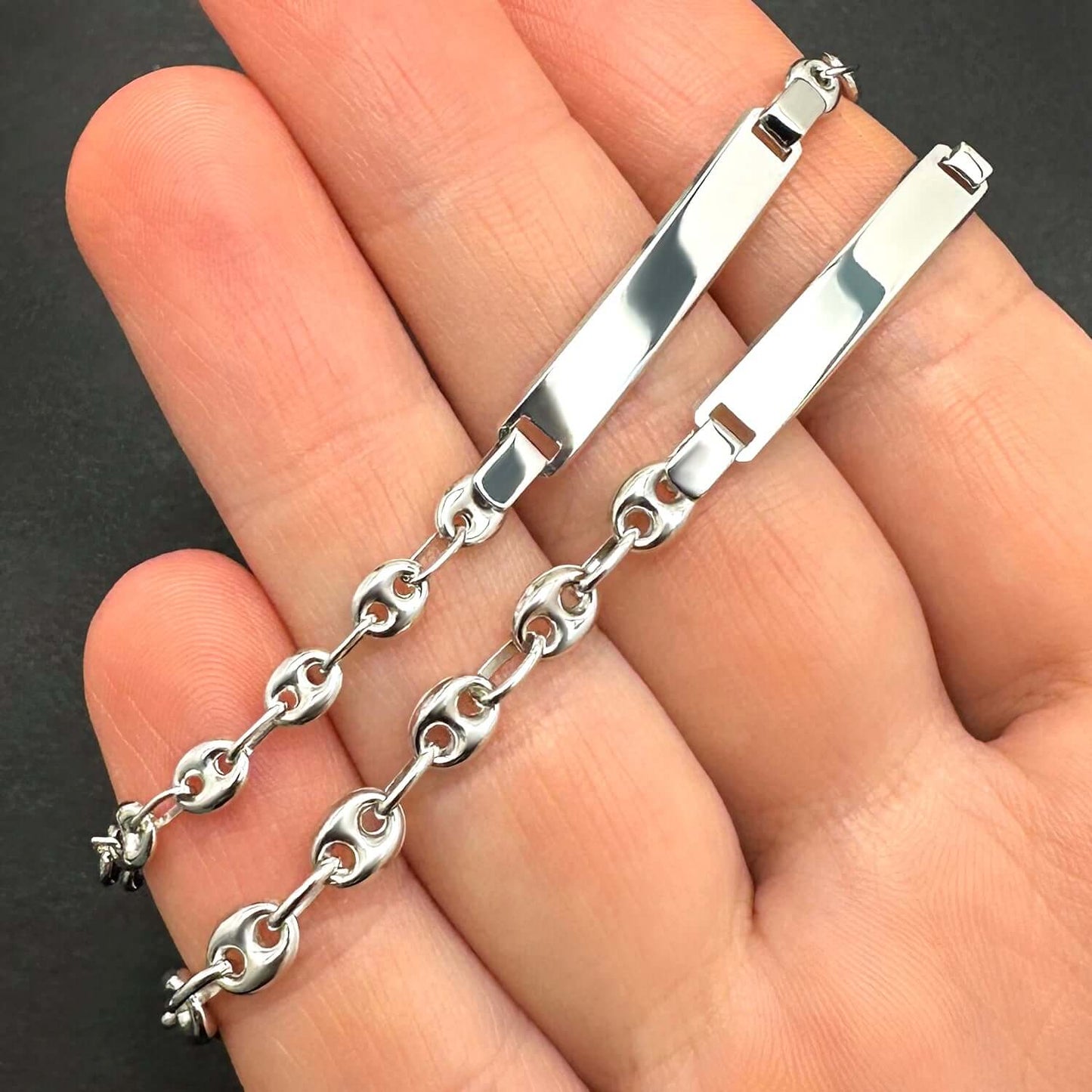 Customizable Real 14K White Gold 4mm, 5mm Puffed Anchor Link Engravable ID Bracelet 6"