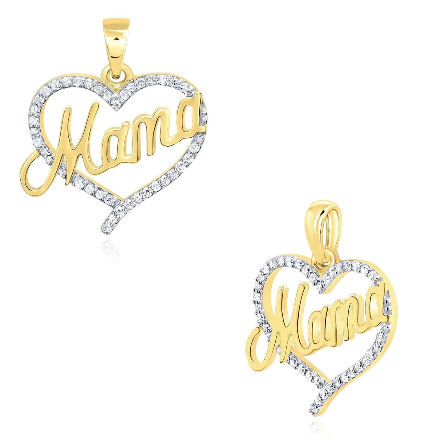 Real 14k Gold 0.15CTW Real Diamond Heart "Mama" Pendant 0.6"