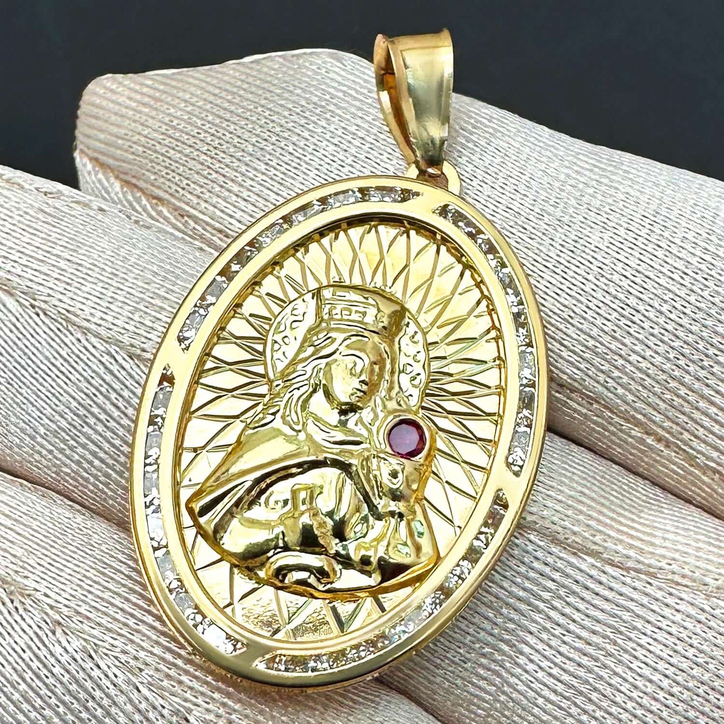 Real 10k Gold 0.20CTW CZ Ruby Virgin Mary Oval Pendant 1.6"