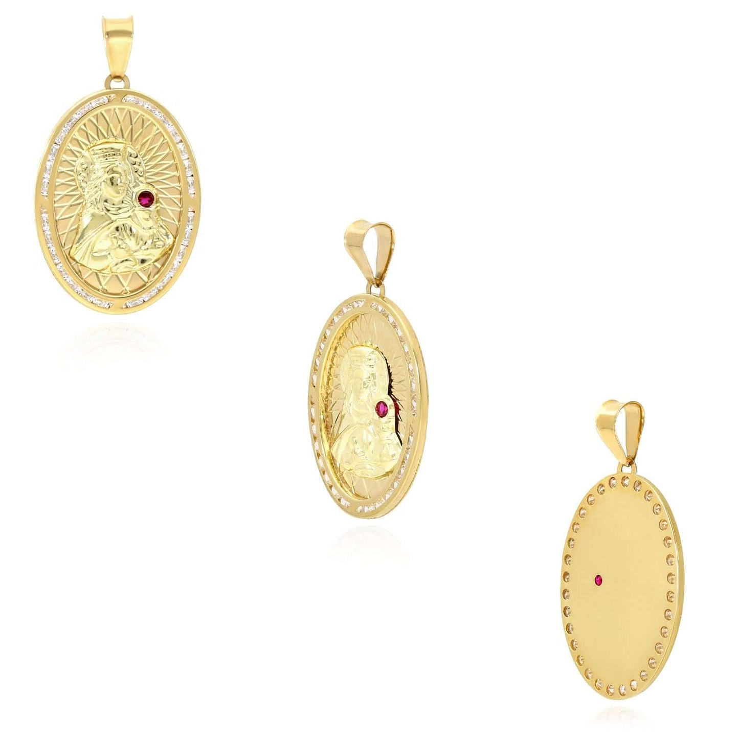 Real 10k Gold 0.20CTW CZ Ruby Virgin Mary Oval Pendant 1.6"