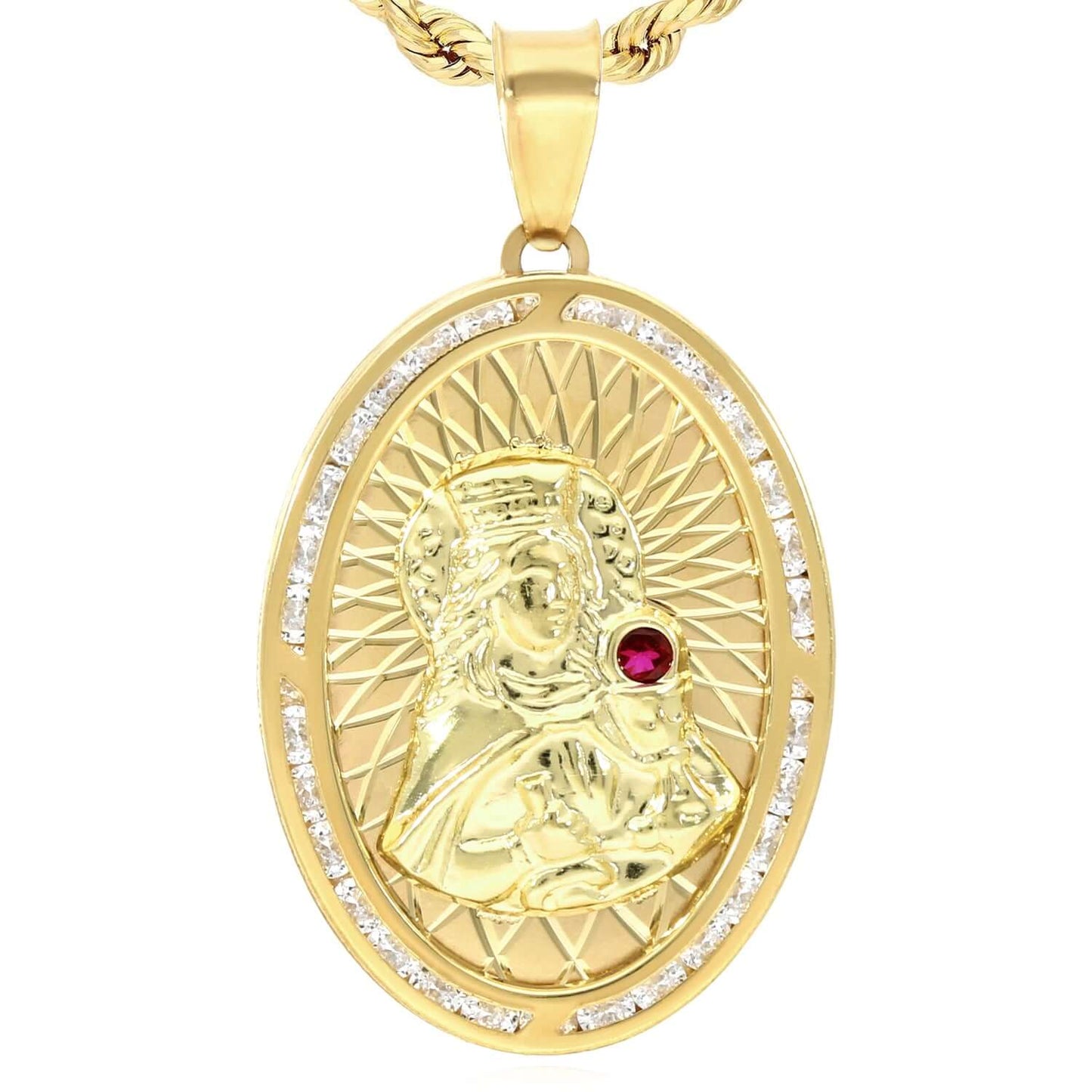 Real 10k Gold 0.20CTW CZ Ruby Virgin Mary Oval Pendant 1.6"