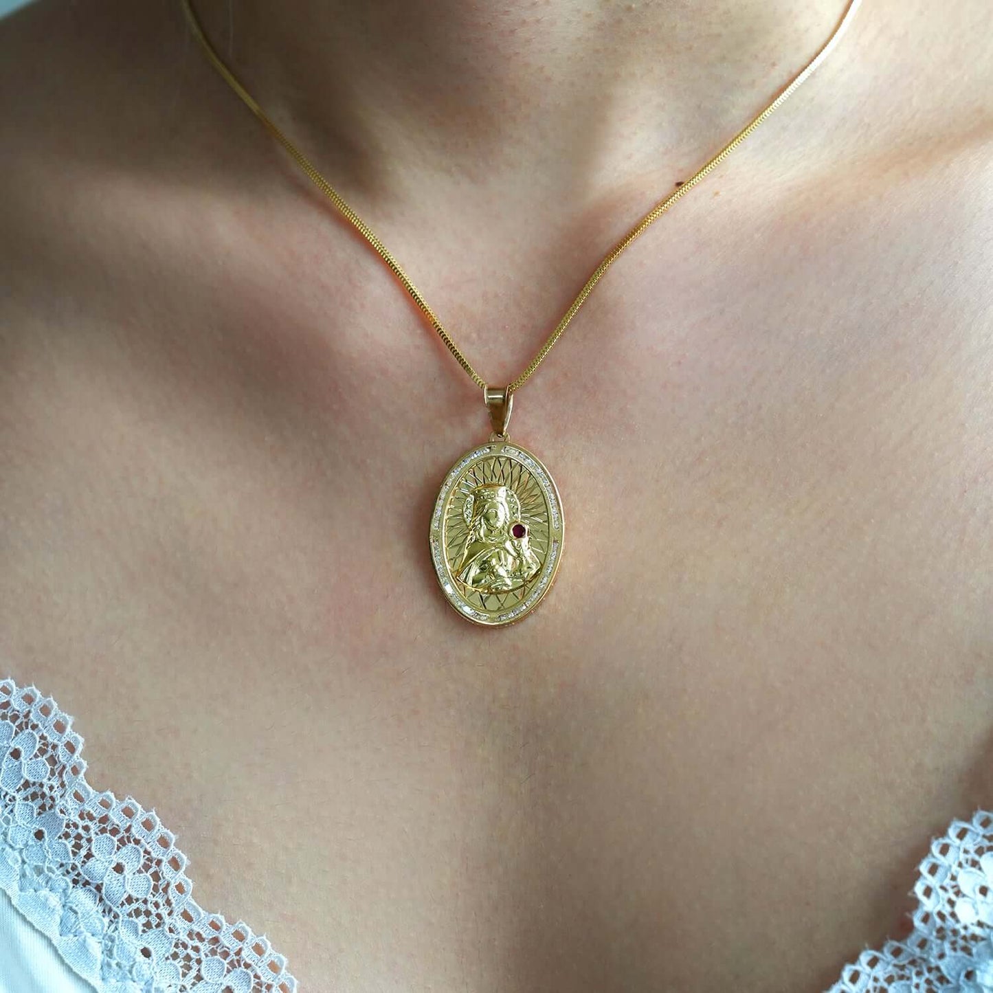 Real 10k Gold 0.20CTW CZ Ruby Virgin Mary Oval Pendant 1.6"