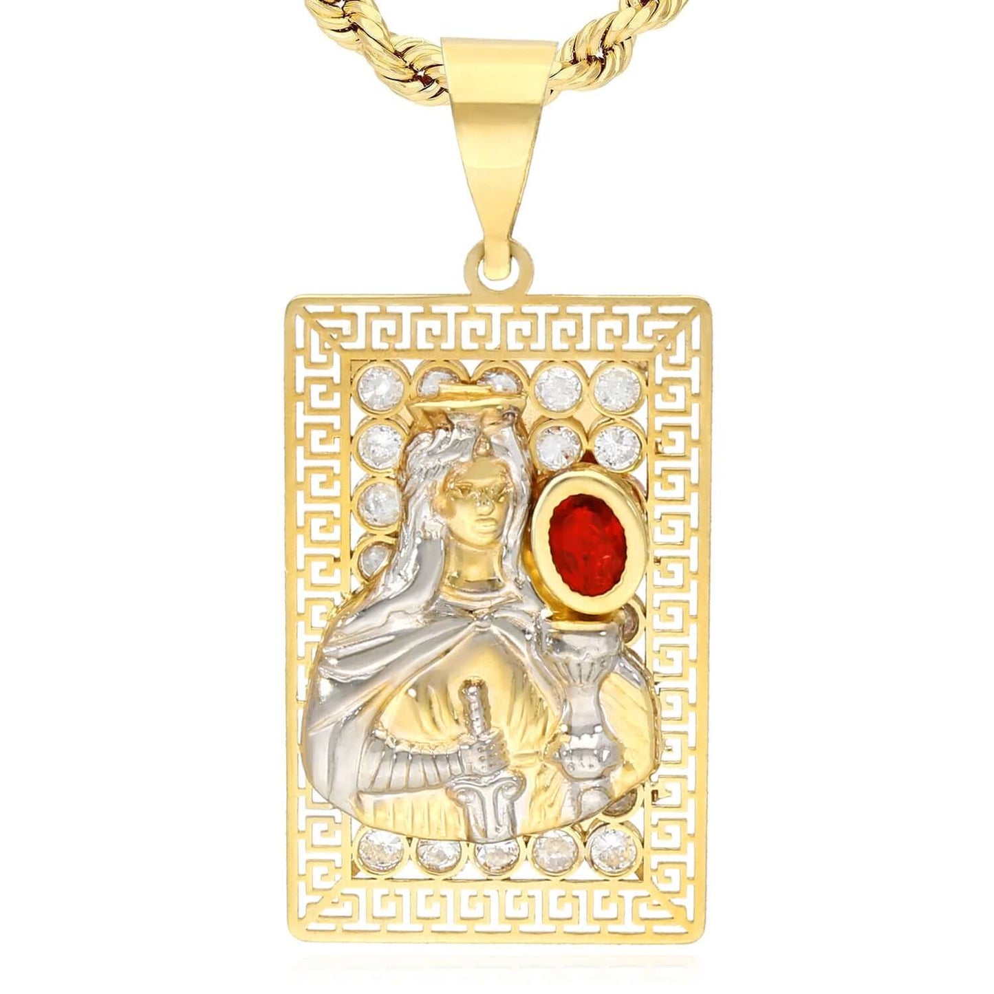 Real 10K Two-Tone Gold CZ Santa Barbara Pendant 1.5"