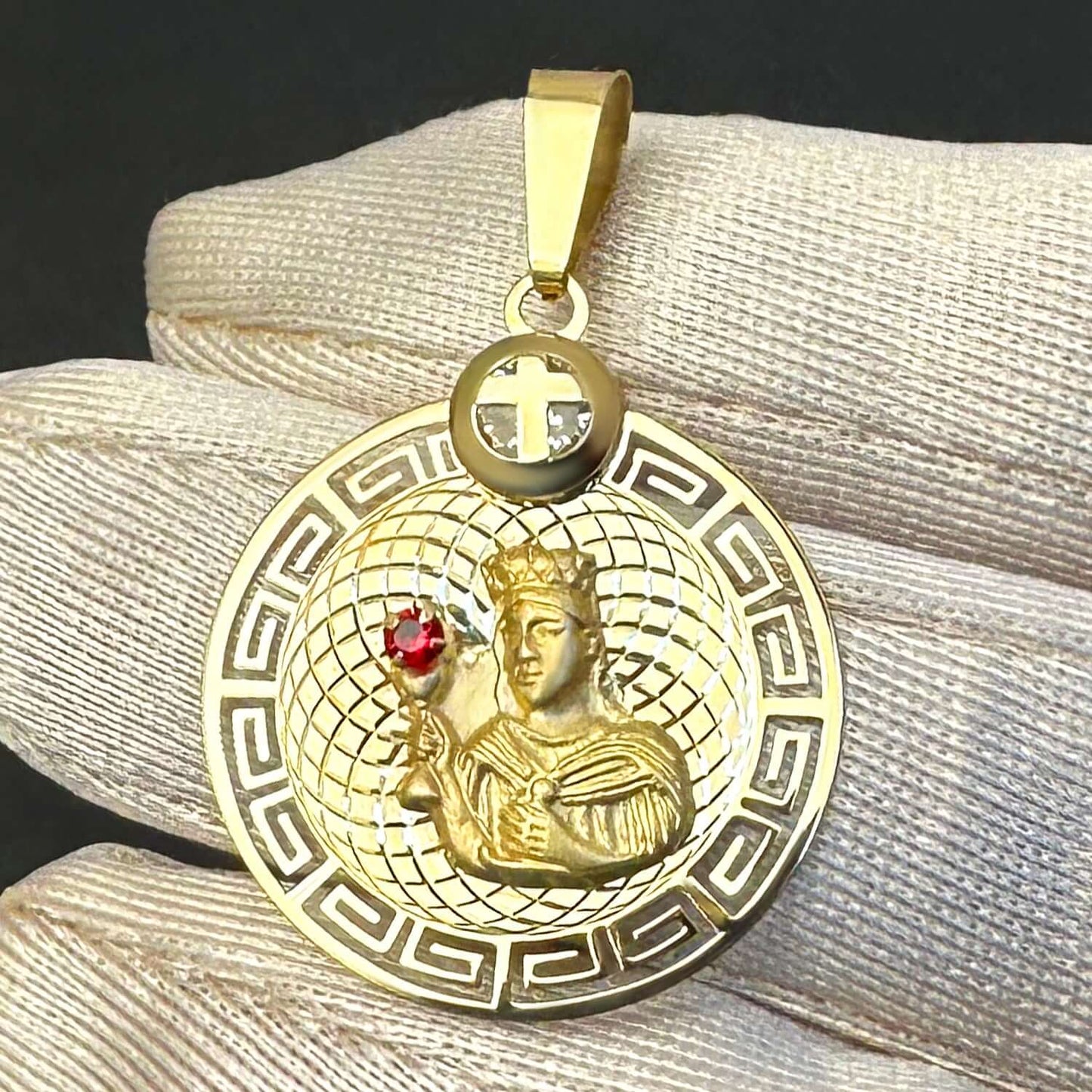 Real 10K Yellow Gold CZ Virgin Mary Pendant 1.4"