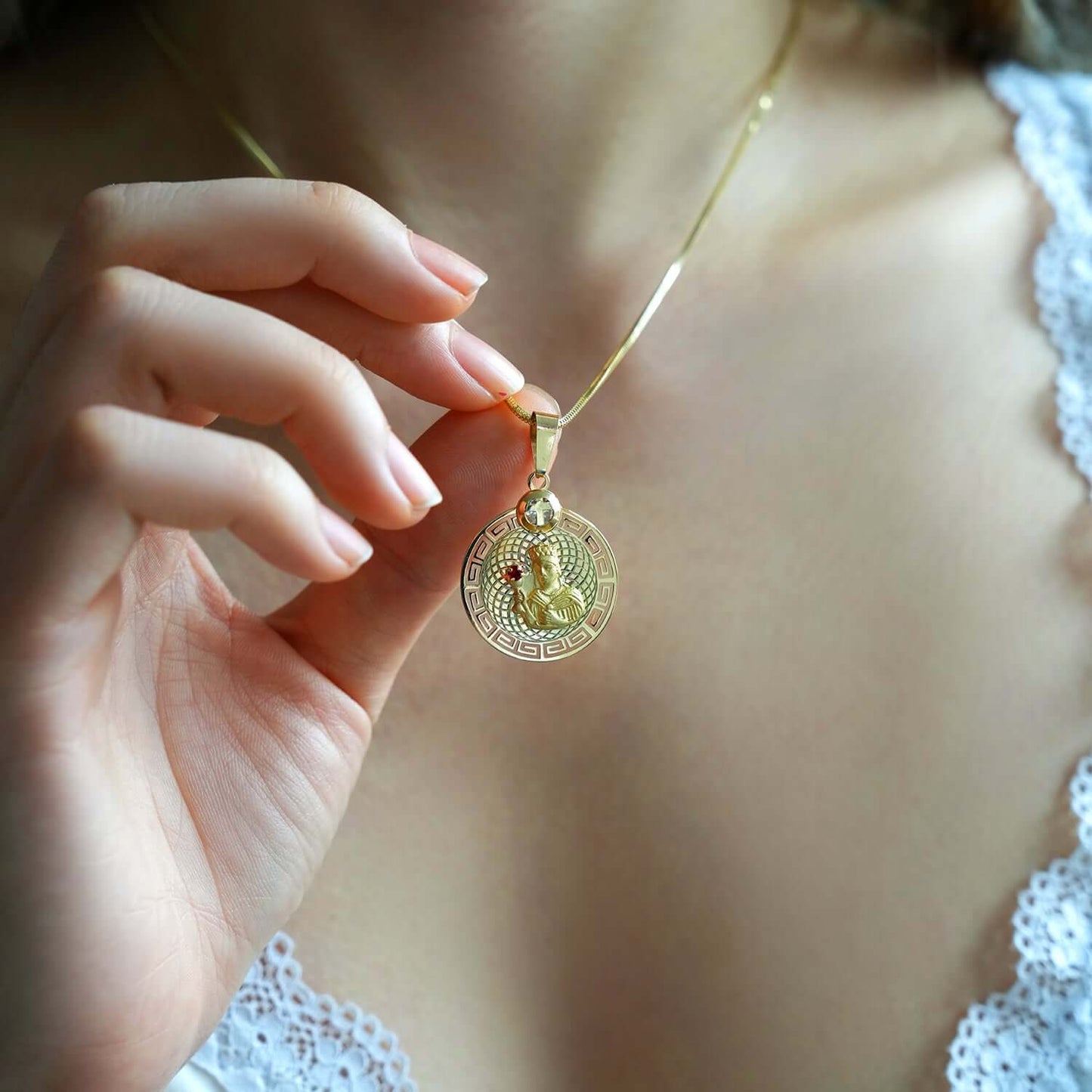 Real 10K Yellow Gold CZ Virgin Mary Pendant 1.4"