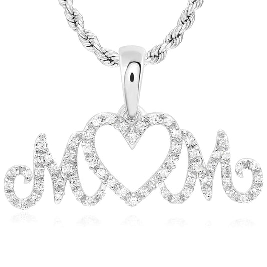 0.20CTW Natural Diamond Real 10K White Gold "MOM" Pendant 0.5"