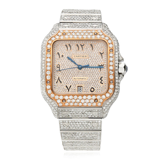 10CTW Natural Diamond Cartier Santos WSSA0018 Custom Full Pave Arabic Dial Automatic Watch