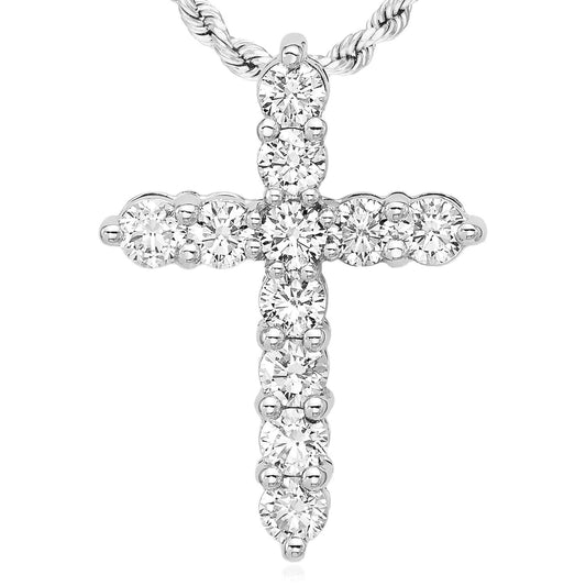 1.00CTW Lab-Grown Diamond Real 14K White Gold Cross Pendant 0.9"