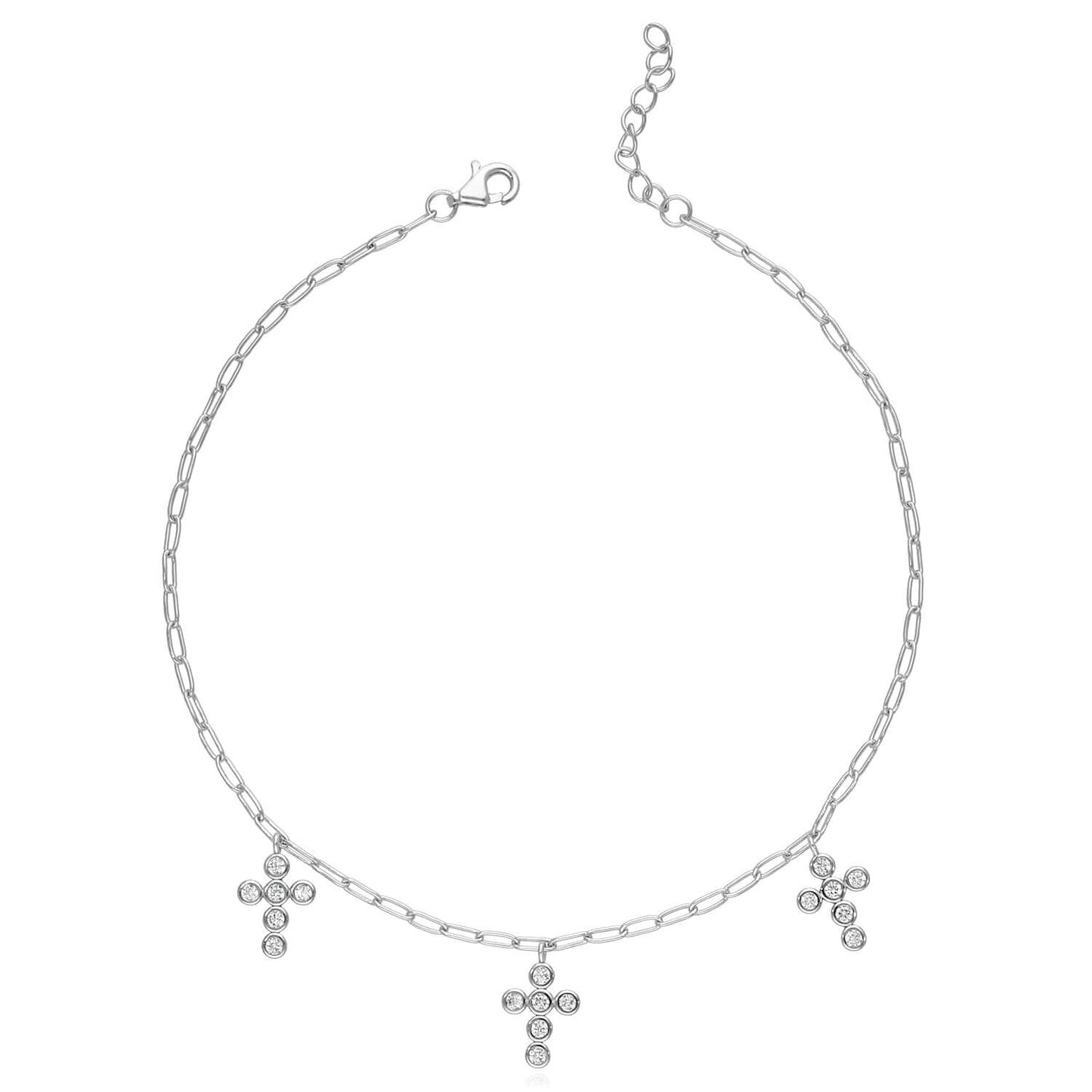 Gold Over Silver 2mm Paperclip CZ Cross Charm Ankle Bracelet Adjustable 9"-10"