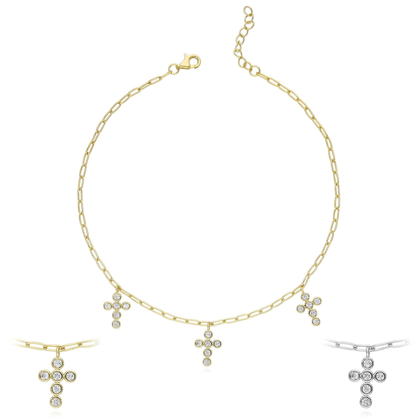 Gold Over Silver 2mm Paperclip CZ Cross Charm Ankle Bracelet Adjustable 9"-10"