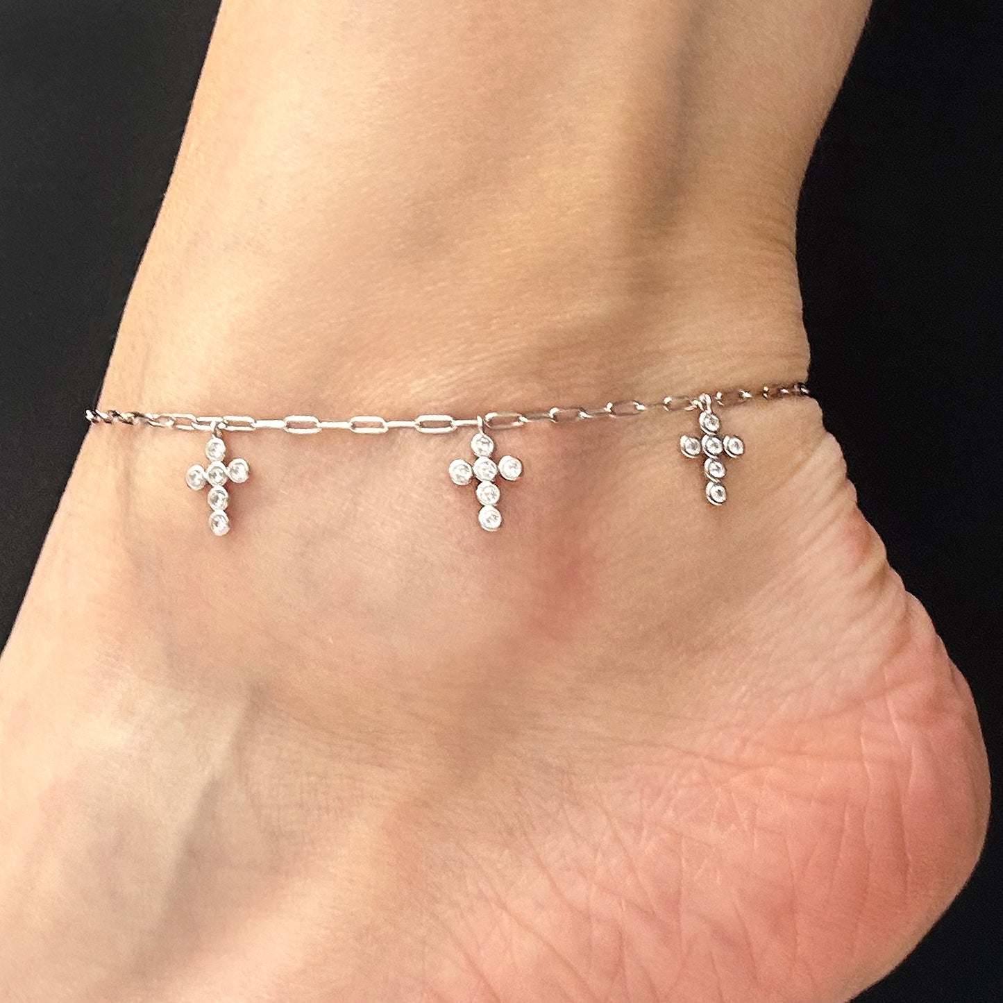 Gold Over Silver 2mm Paperclip CZ Cross Charm Ankle Bracelet Adjustable 9"-10"