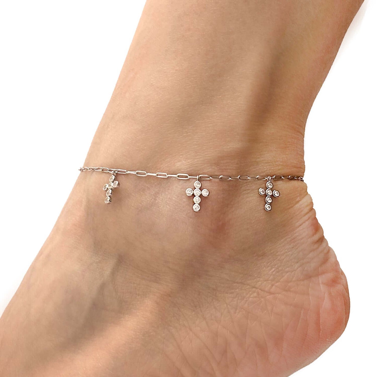 Gold Over Silver 2mm Paperclip CZ Cross Charm Ankle Bracelet Adjustable 9"-10"