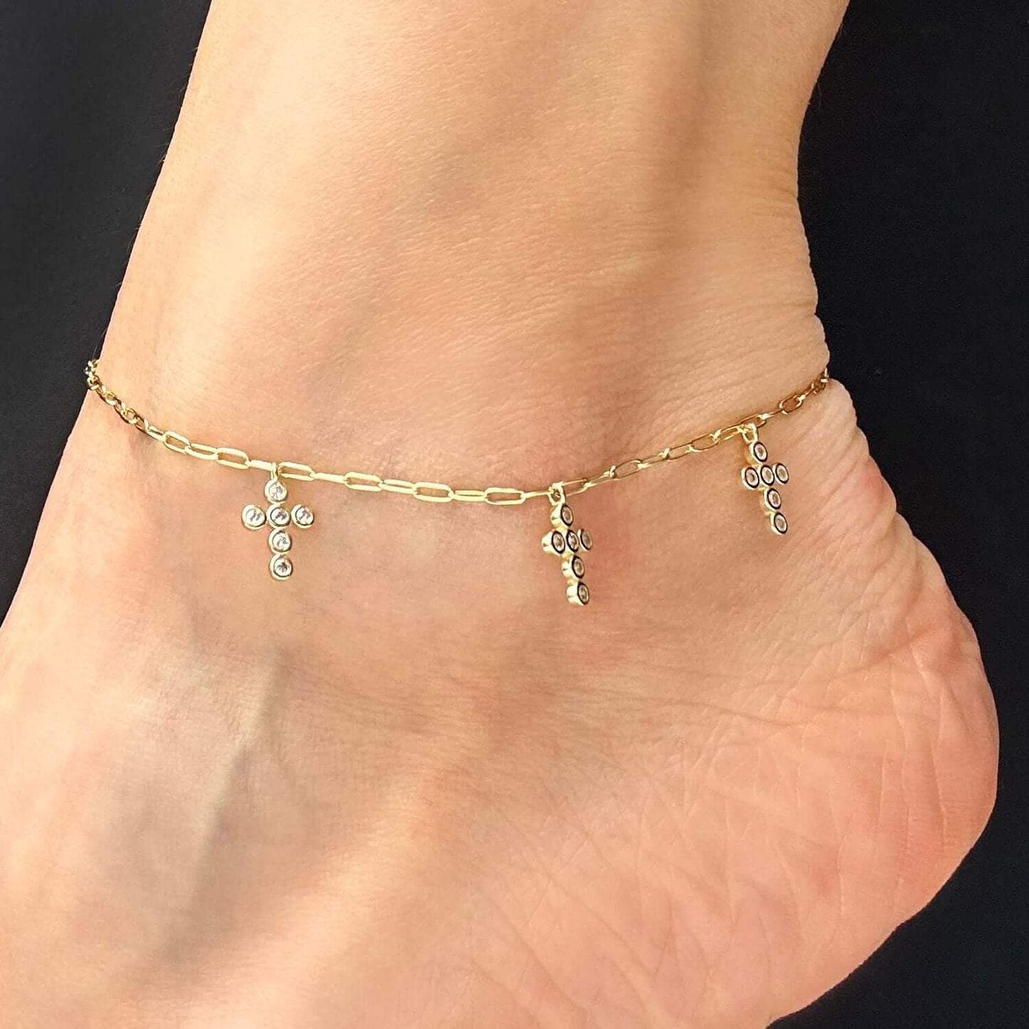 Gold Over Silver 2mm Paperclip CZ Cross Charm Ankle Bracelet Adjustable 9"-10"