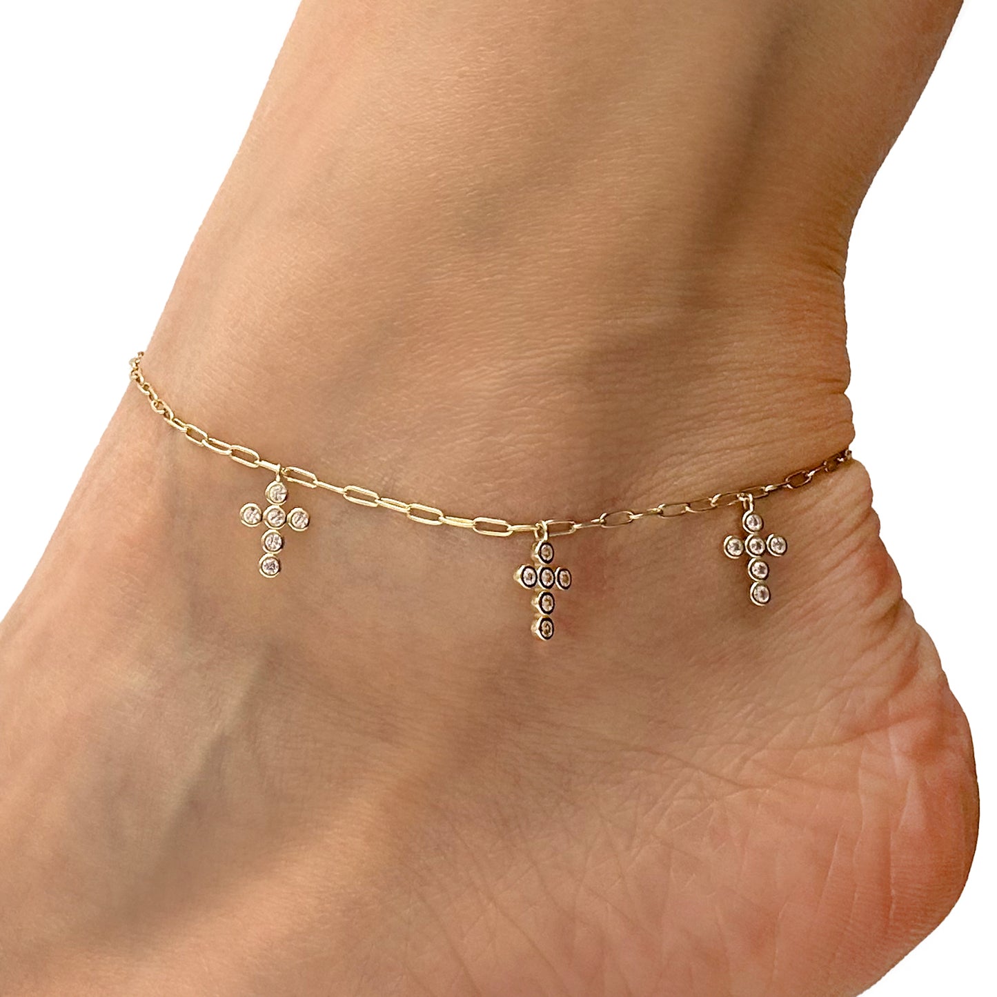Gold Over Silver 2mm Paperclip CZ Cross Charm Ankle Bracelet Adjustable 9"-10"