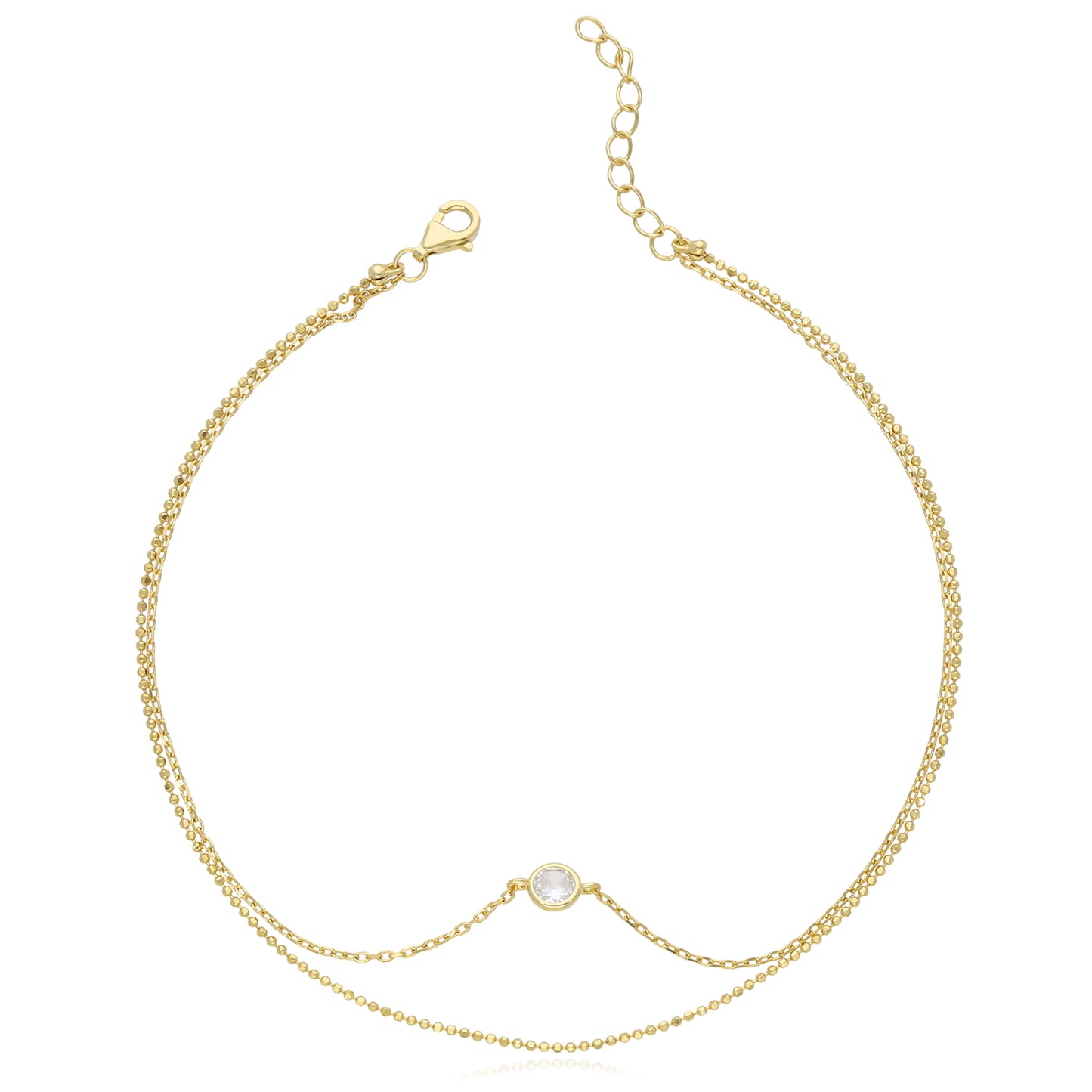 Gold Over Silver CZ Charm 1mm Double Link Ankle Bracelet Adjustable 9"-10"