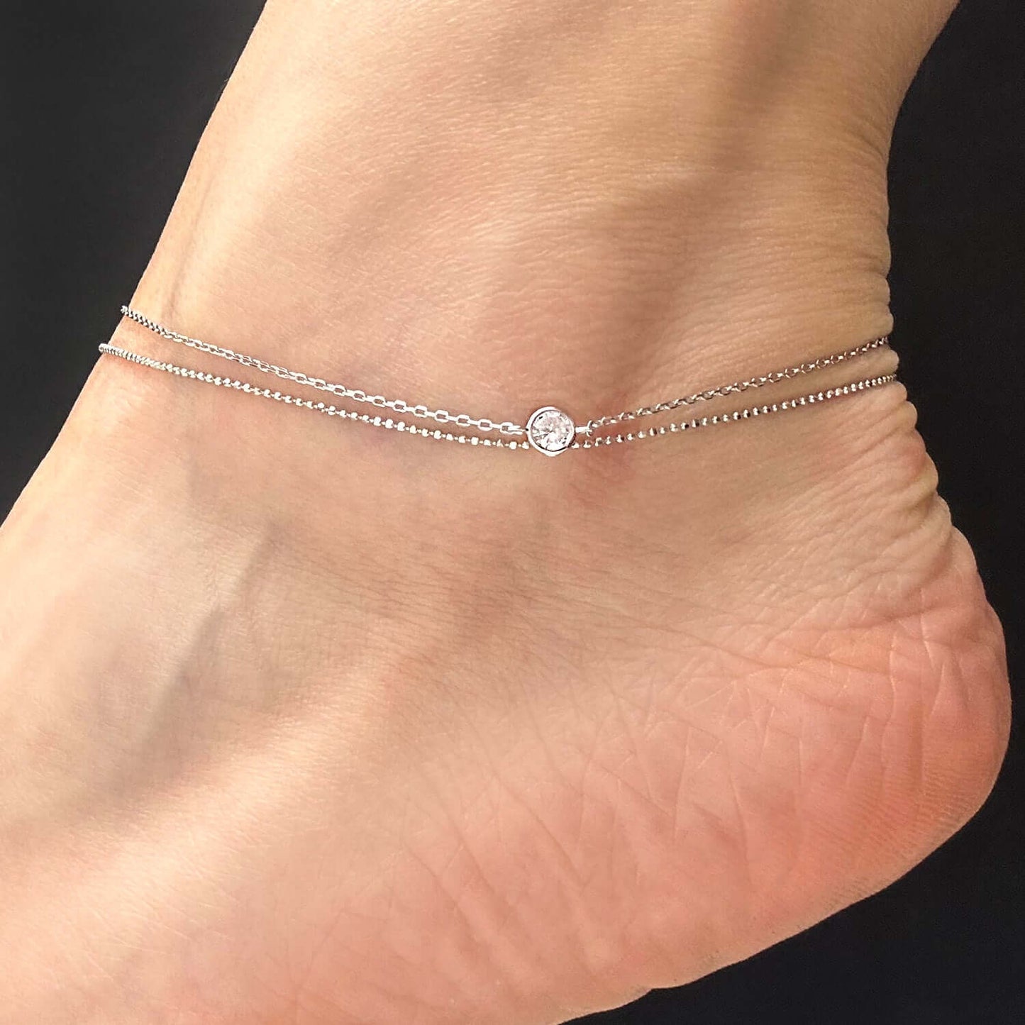 Gold Over Silver CZ Charm 1mm Double Link Ankle Bracelet Adjustable 9"-10"