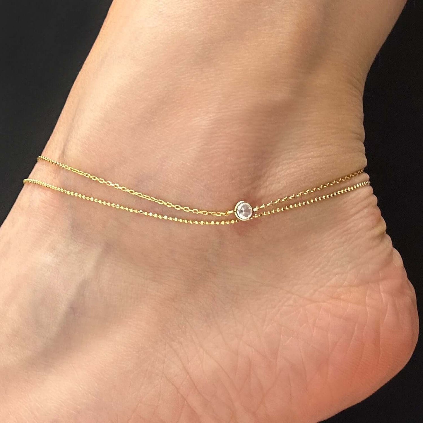 Gold Over Silver CZ Charm 1mm Double Link Ankle Bracelet Adjustable 9"-10"