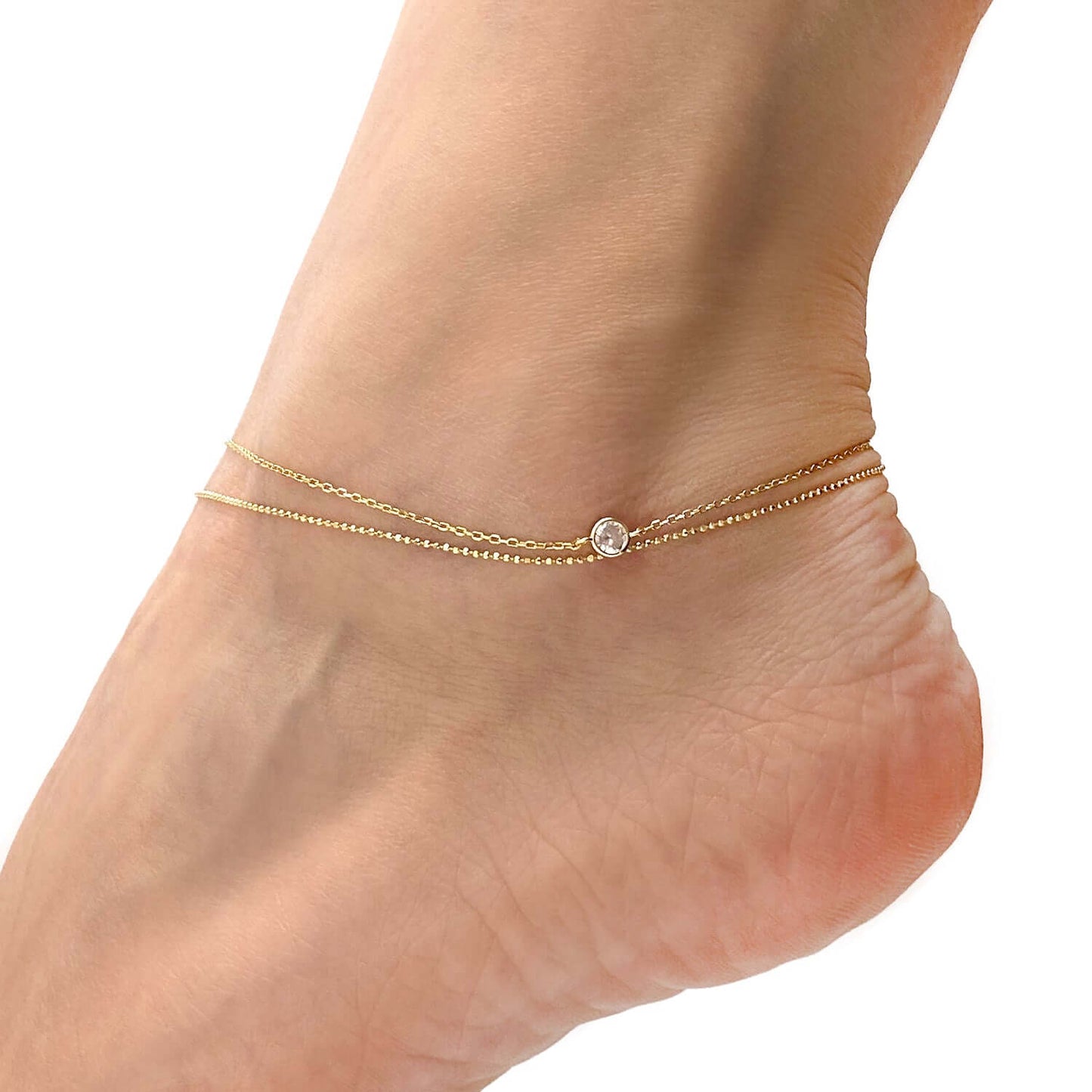 Gold Over Silver CZ Charm 1mm Double Link Ankle Bracelet Adjustable 9"-10"