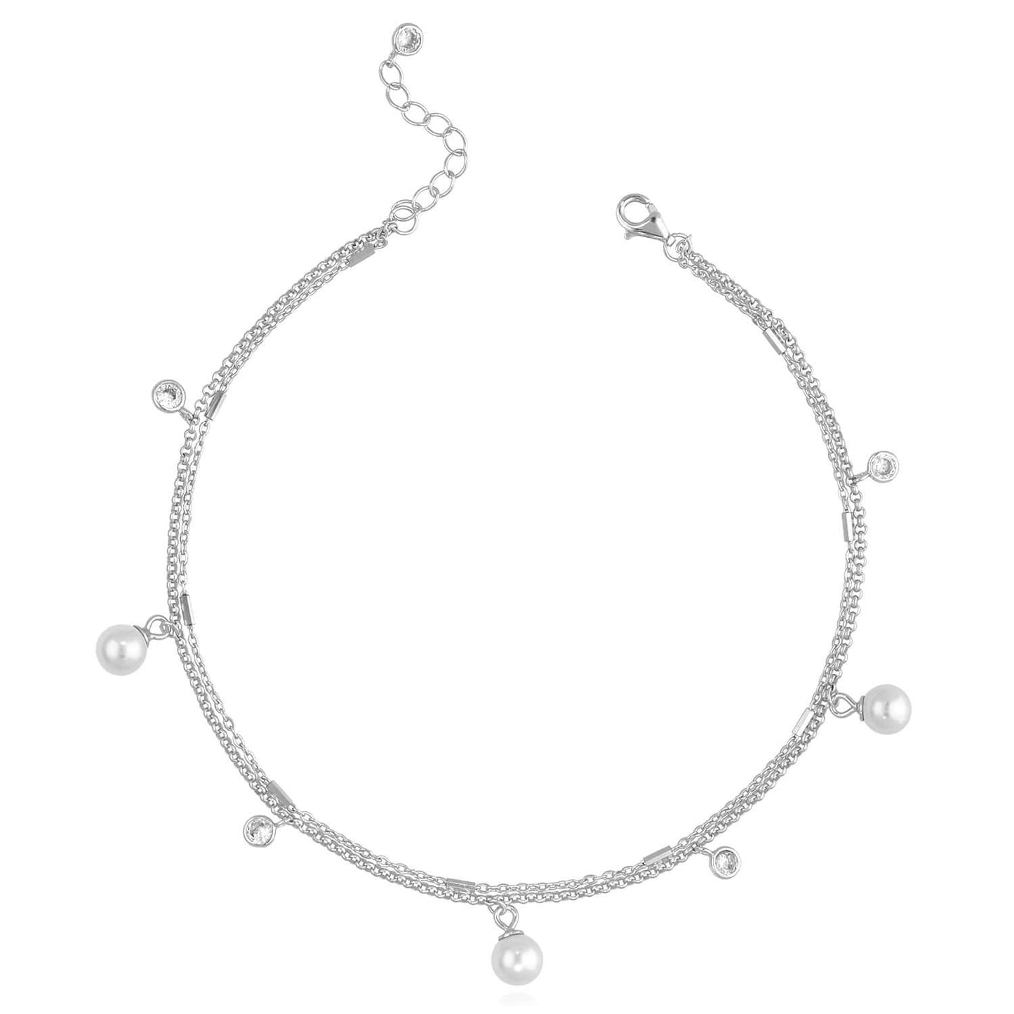 18K Yellow Gold Over Sterling Silver CZ and Pearl Charm Double Link Adjustable Ankle Bracelet (Solid Links) 9"-10"