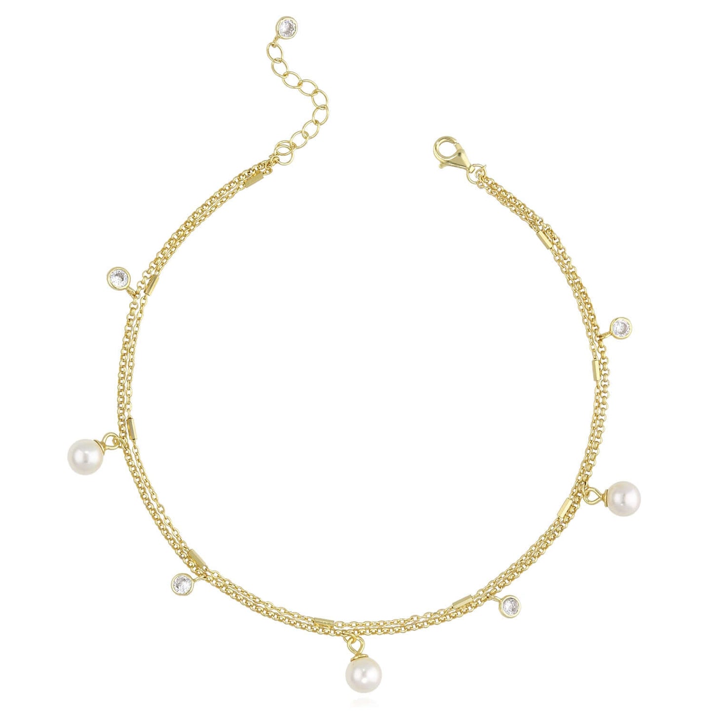 18K Yellow Gold Over Sterling Silver CZ and Pearl Charm Double Link Adjustable Ankle Bracelet (Solid Links) 9"-10"