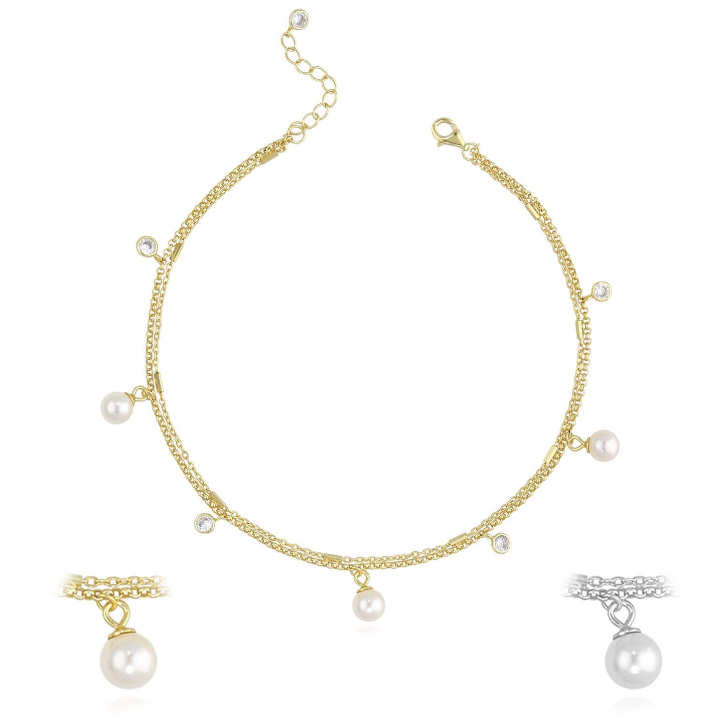 18K Yellow Gold Over Sterling Silver CZ and Pearl Charm Double Link Adjustable Ankle Bracelet (Solid Links) 9"-10"