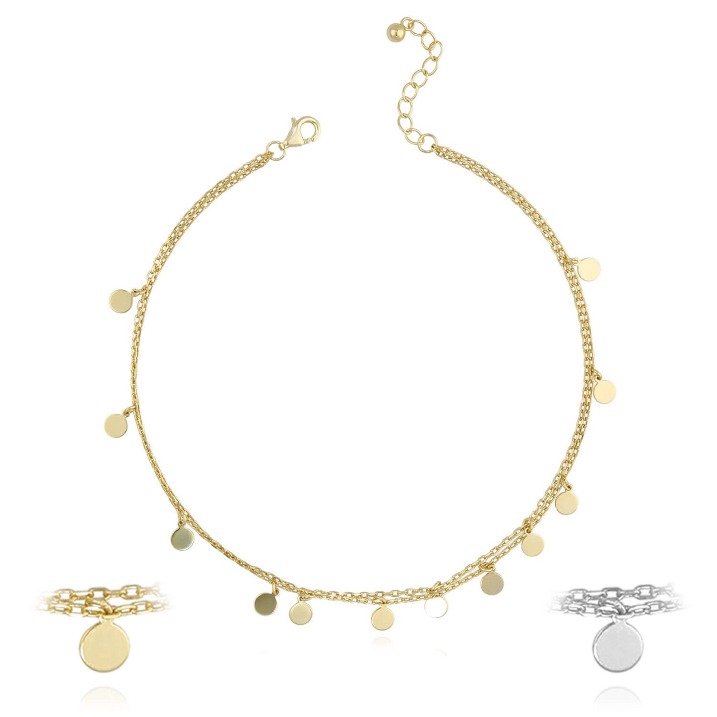 18K Yellow Gold Over Sterling Silver Disc Charm Double Link Adjustable Ankle Bracelet (Solid Links) 9"-10"