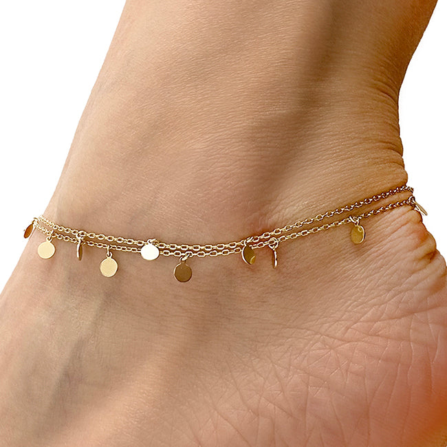 18K Yellow Gold Over Sterling Silver Disc Charm Double Link Adjustable Ankle Bracelet (Solid Links) 9"-10"