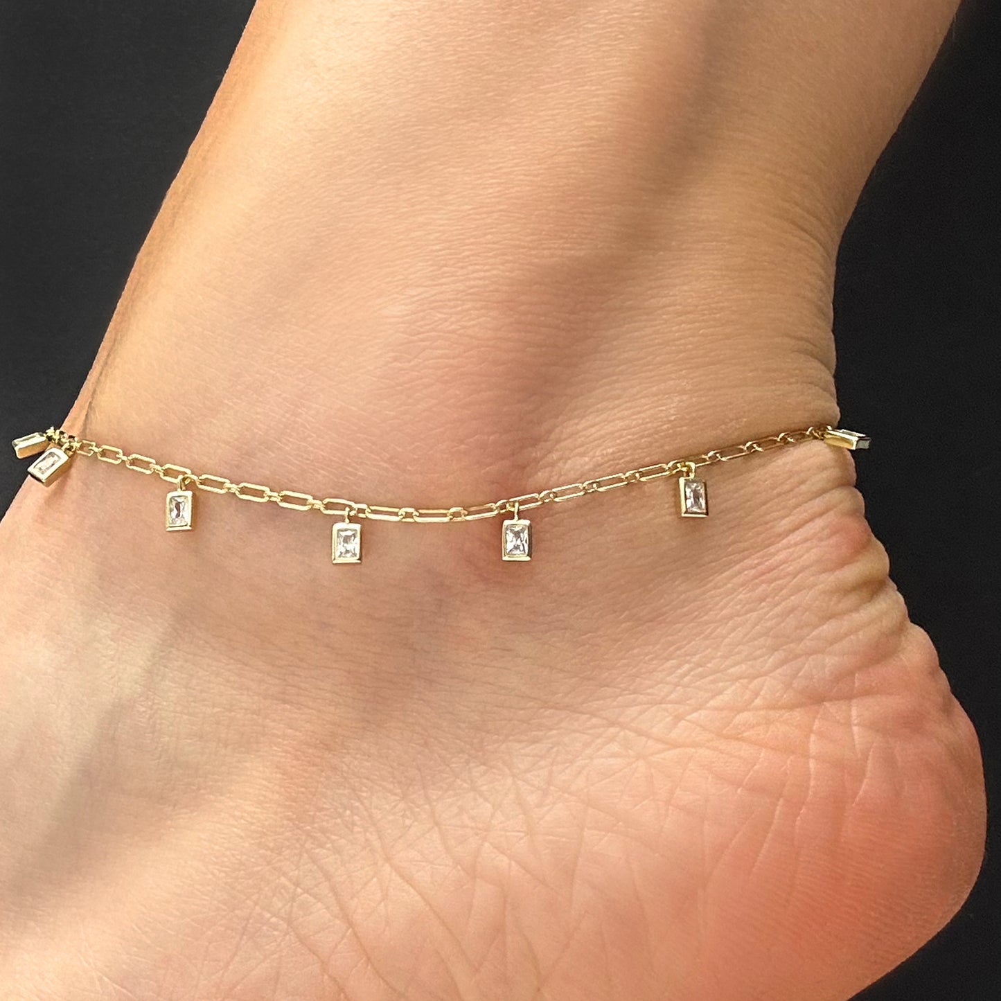 Gold Over Silver CZ Charm 1.5mm Paperclip Link Adjustable Ankle Bracelet 9"-10"