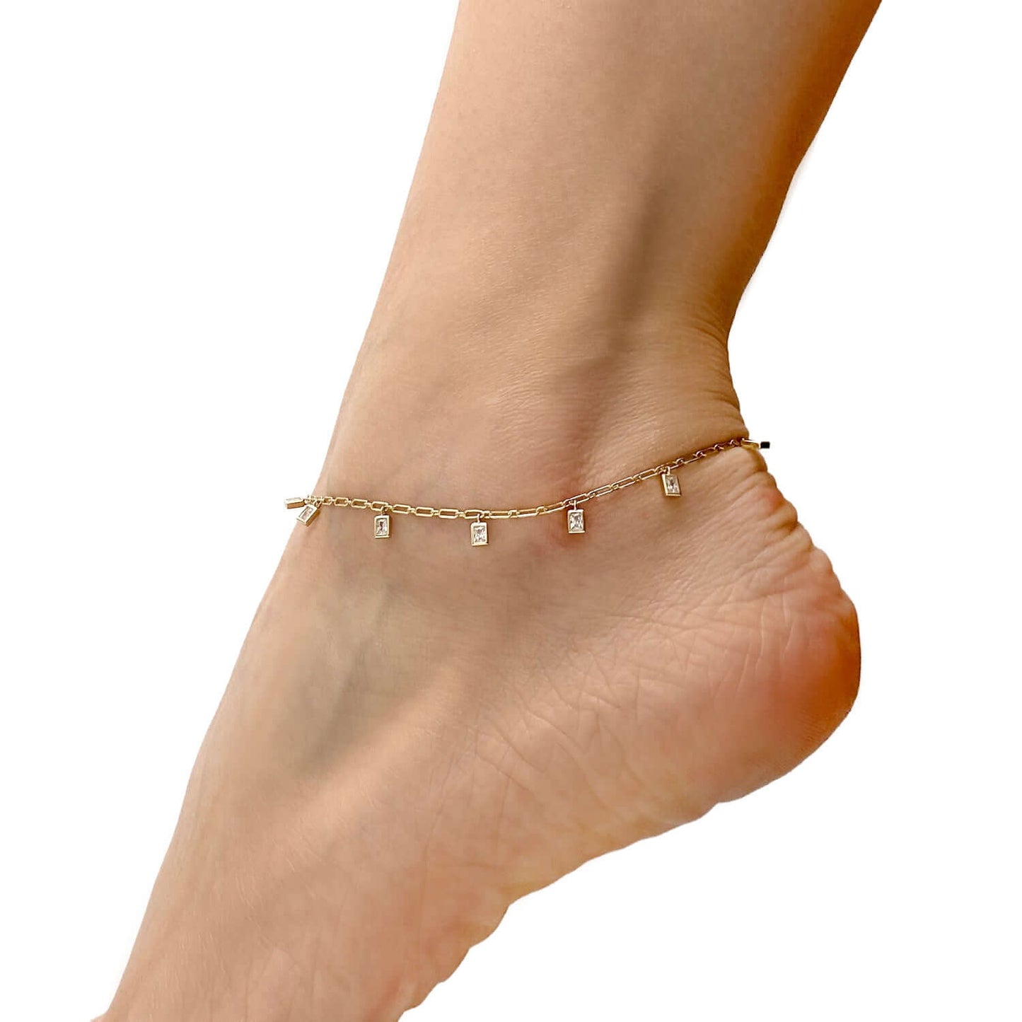 Gold Over Silver CZ Charm 1.5mm Paperclip Link Adjustable Ankle Bracelet 9"-10"