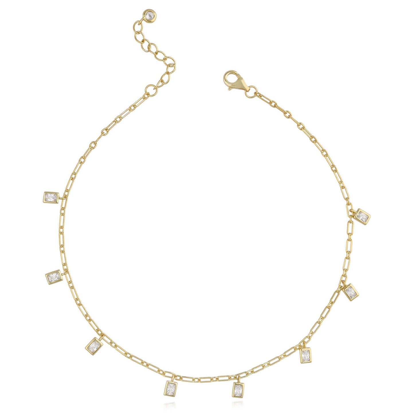 Gold Over Silver CZ Charm 1.5mm Paperclip Link Adjustable Ankle Bracelet 9"-10"