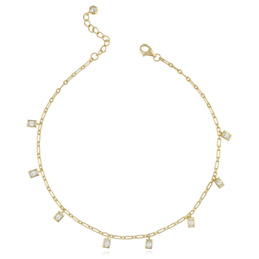 18K Yellow Gold Over Sterling Silver CZ Charm 1.5mm Paperclip Link Adjustable Ankle Bracelet (Solid Links) 9"-10"