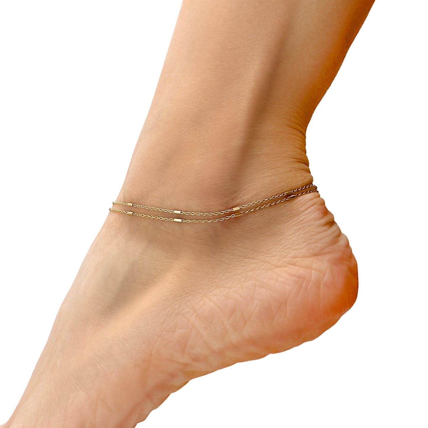 18K Yellow Gold Over Sterling Silver 1.5mm Double Cable Link Bar Adjustable Ankle Bracelet (Solid Links) 9"-10"
