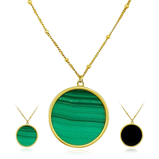 14K Yellow Gold Black Onyx Malachite Round Necklace (Solid Links) 16"-18" Adjustable
