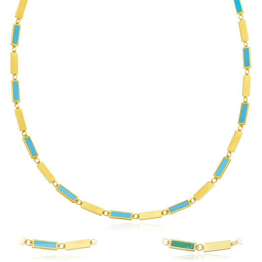 14K Yellow Gold Rectangle Station Turquoise Malachite Adjustable Necklace (Solid Links) 16"-18"