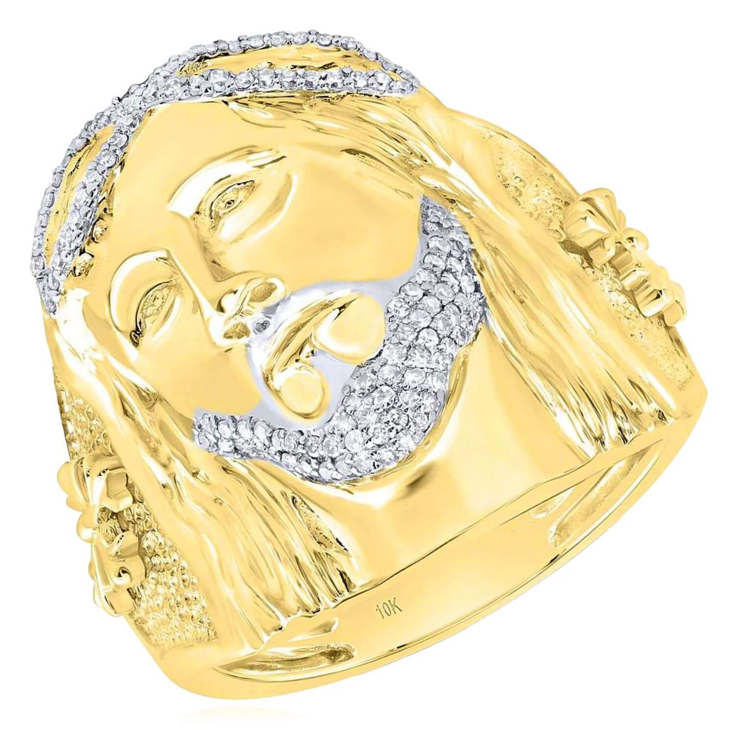 0.33CTW Natural Diamond Real 10K Gold Jesus Head Signet Men's Ring