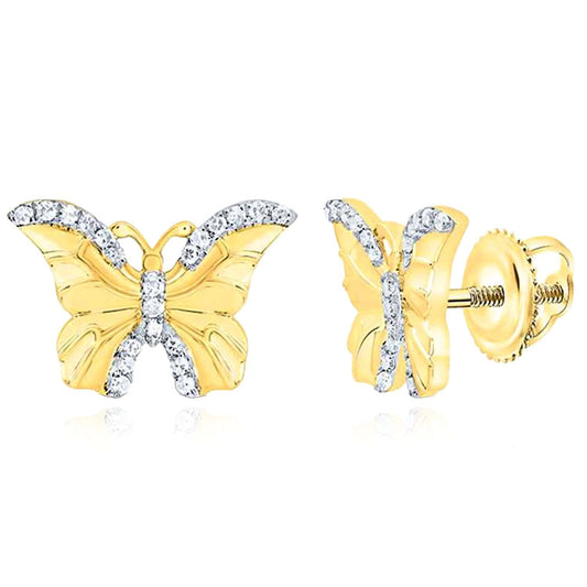 0.15CTW Natural Diamond Real 10K Gold Butterfly Stud Earrings 11mm