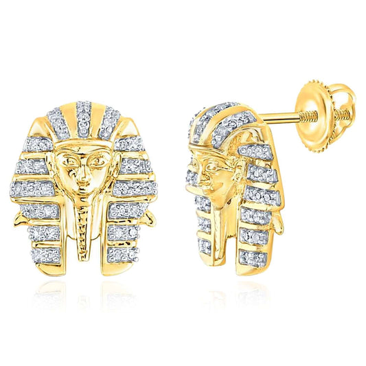 0.20CTW Natural Diamond Real 10K Gold Pharaoh Stud Earrings 15mm