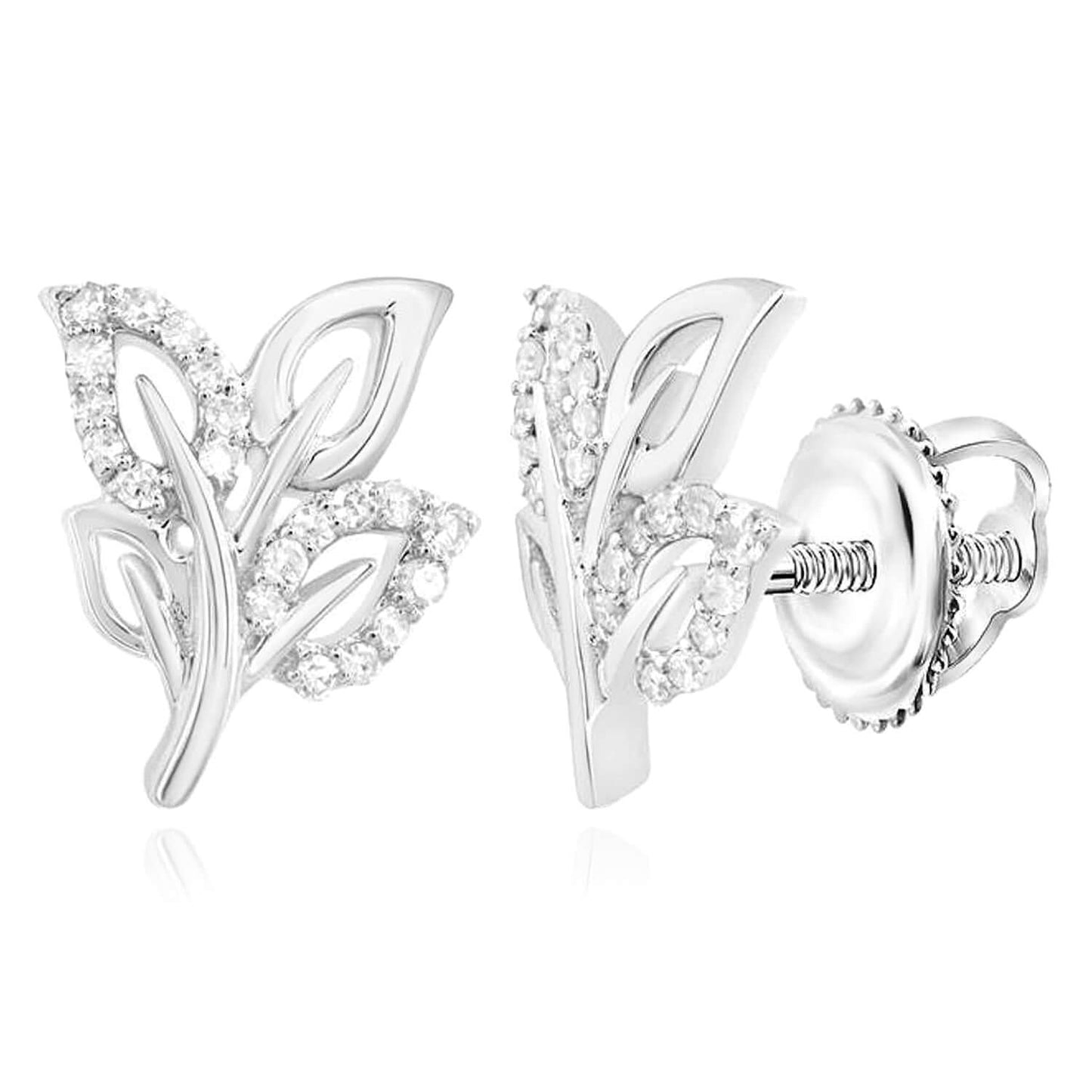 0.12CTW Natural Diamond Real 10K White Rose Gold Leaf Stud Earrings 12mm