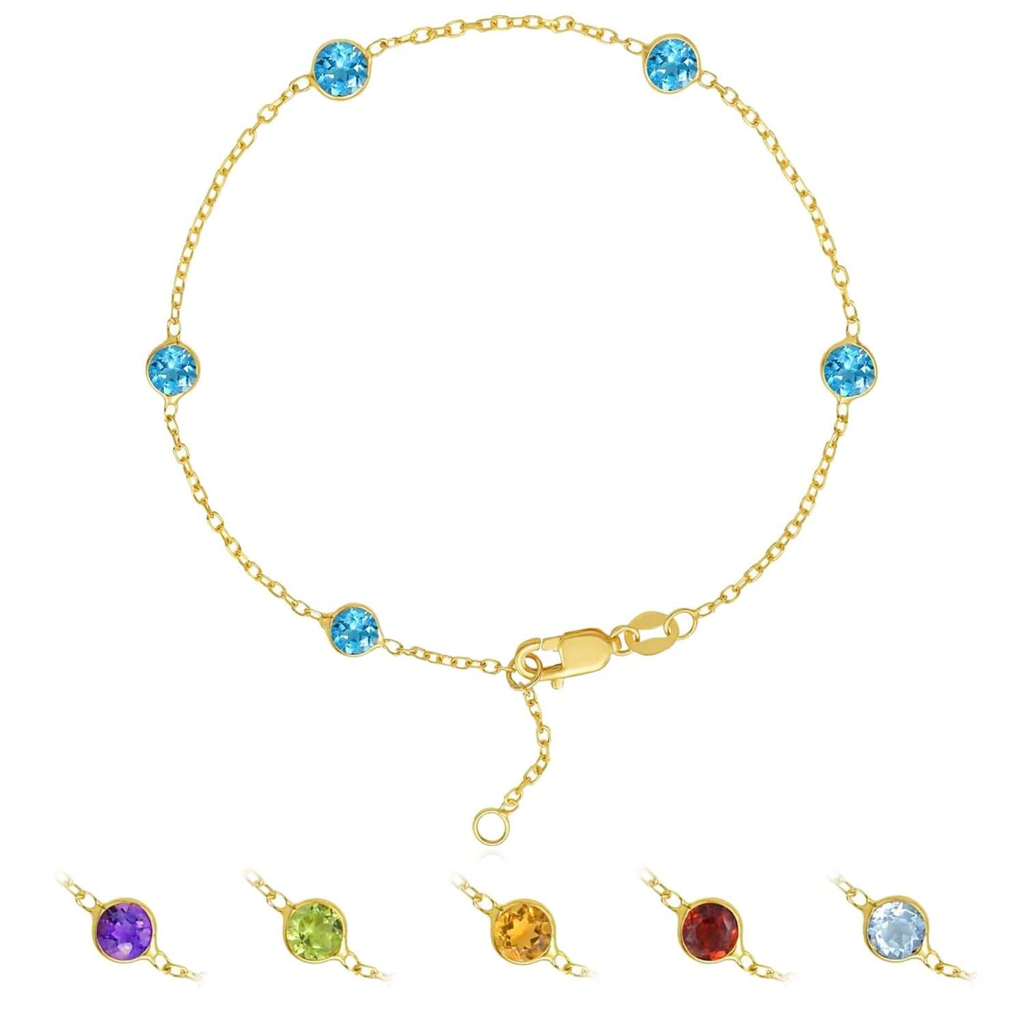 Real 14K Gold Station Gemstone Adjustable Bracelet 6.5"-7"