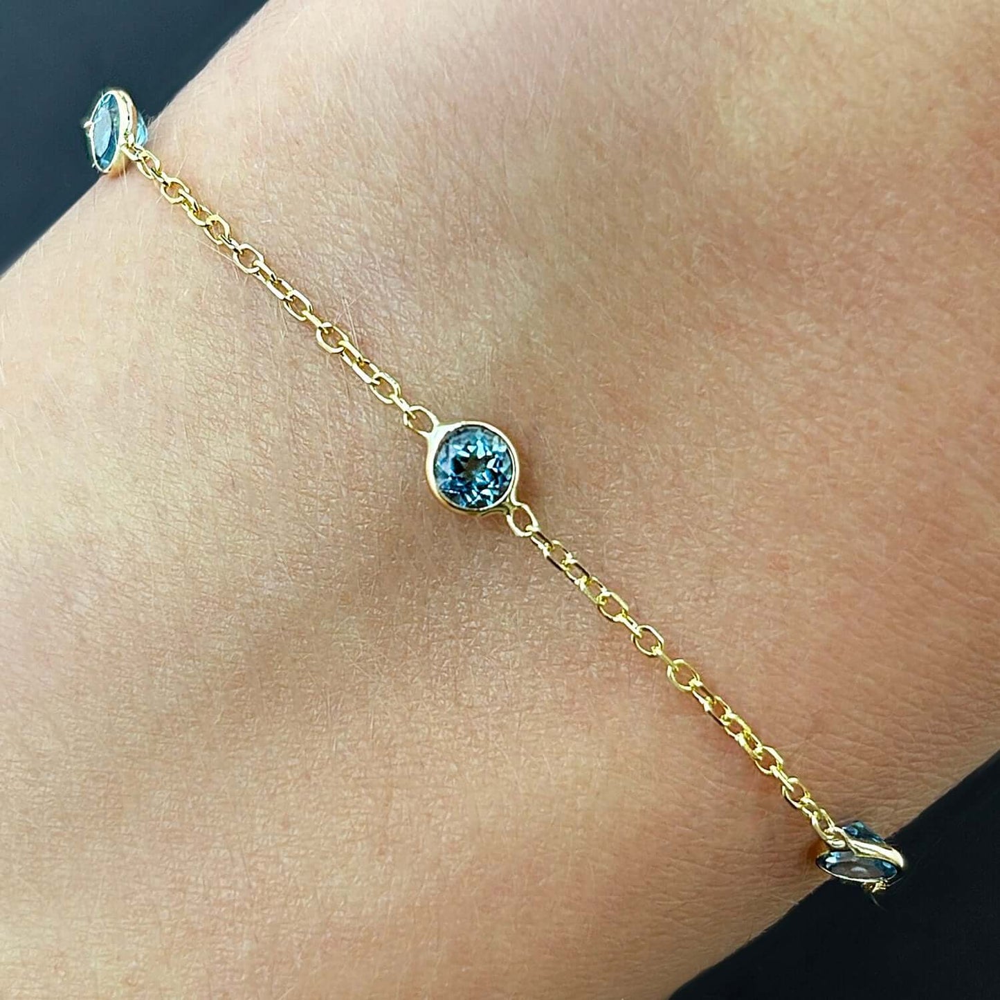14K Yellow Gold Station Gemstone Adjustable Bracelet (Solid Links) 6.5"-7"