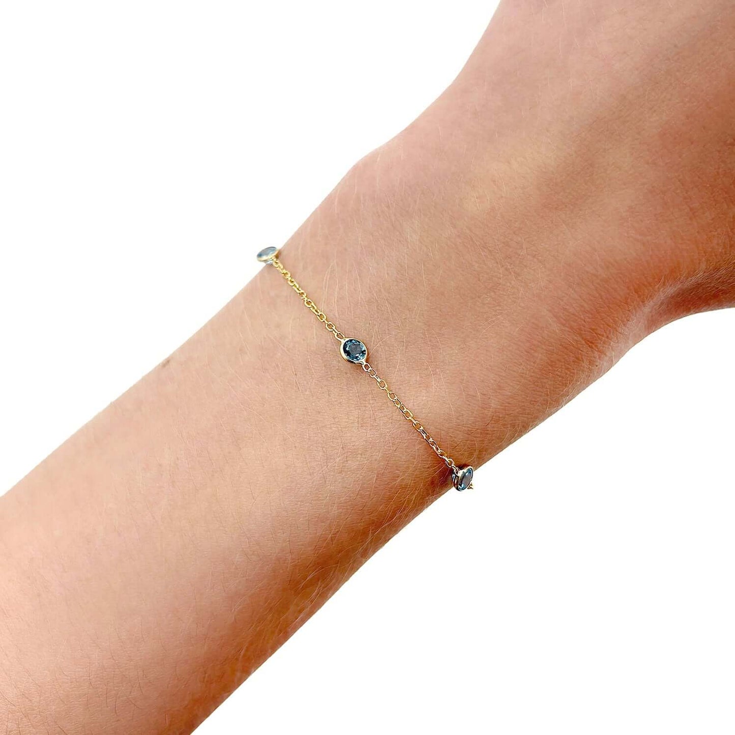 14K Yellow Gold Station Gemstone Adjustable Bracelet (Solid Links) 6.5"-7"